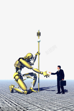 科幻巨型机器人与人类握手素材