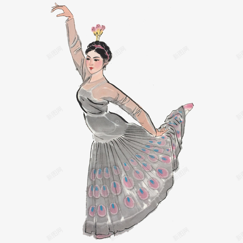水墨画傣族少女孔雀舞png免抠素材_88icon https://88icon.com 傣家 傣族 傣族图案 傣族生活 孔雀舞 少数民族 手绘 民族 水墨画
