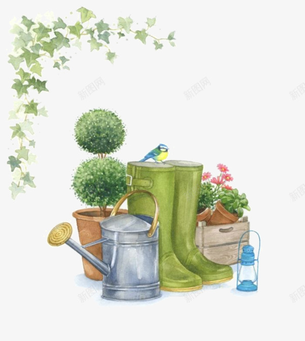 手绘园林植物工具png免抠素材_88icon https://88icon.com 手绘 植物 洒水壶 盆栽 雨靴