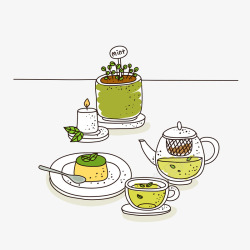 餐点食物手绘抹茶蛋糕甘甜绿茶高清图片