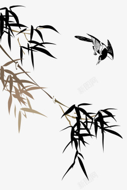 小鸟水墨枯树枝竹叶高清图片
