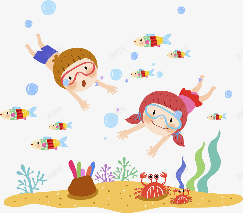 卡通潜水的孩子图png免抠素材_88icon https://88icon.com 儿童 卡通 可爱的 场景 孩子 小鱼 插图 海底