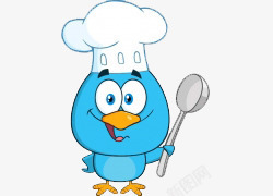 卡通手绘拿厨具的蓝色小鸟素材