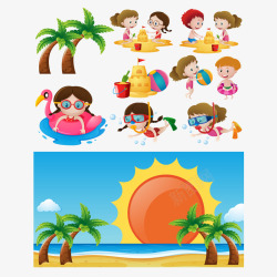 椰树沙滩太阳伞大海画孩子们在海滩上玩高清图片