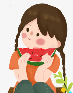 彩色圆弧吃西瓜的小女孩素材