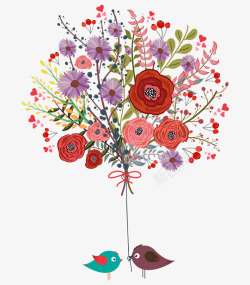 卡通手绘小鸟缤纷彩色花朵矢量图素材