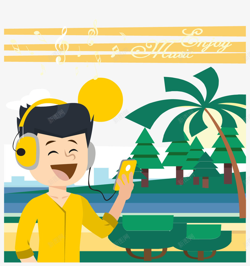 听歌男孩png免抠素材_88icon https://88icon.com 乐符 听歌的人 手绘手机 早晨 晨练 椰子树 沙滩 海 绿树背景 跑步 黄色耳机