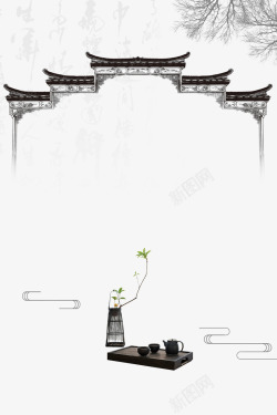 水墨江南背景雄伟壮观的城门边角水墨画高清图片