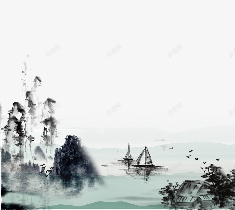 山水风景画山峰小船房子psd免抠素材_88icon https://88icon.com 小船 山峰 山水 房子 风景画