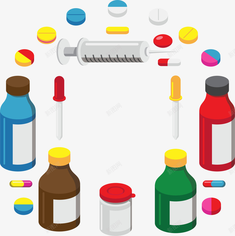 医疗行业注射器药品矢量图ai免抠素材_88icon https://88icon.com 医疗行业 注射器 矢量png 药品 药片 药瓶 矢量图