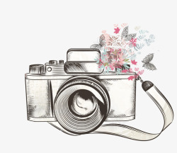 手绘相机矢量图手绘素描相机花朵高清图片