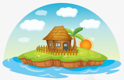 茅草屋顶手绘海岛上的茅草小屋高清图片