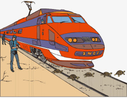 卡通手绘乌龟过轨道红色列车矢量图素材