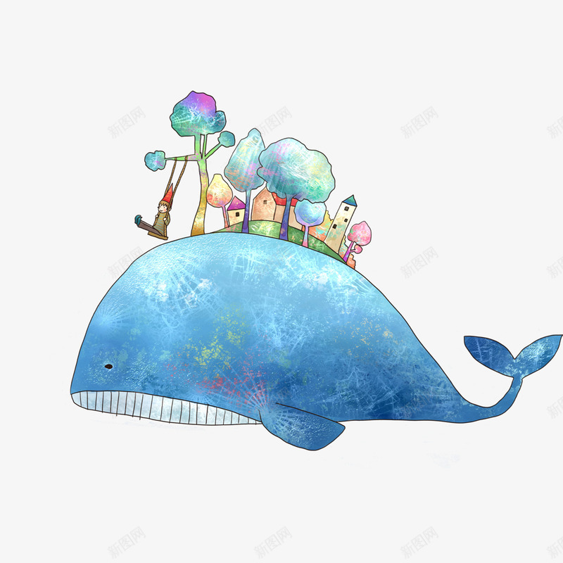 卡通鲸鱼元素png免抠素材_88icon https://88icon.com 卡通鲸鱼 房子 树