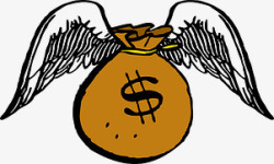 美元钞票飞长着翅膀的钱袋高清图片