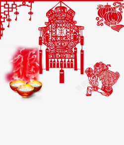 元宵节舞狮子中国风灯笼舞狮剪纸高清图片