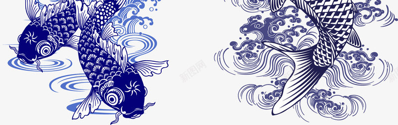 中国风蓝色鲤鱼元素矢量图ai免抠素材_88icon https://88icon.com 中国风 卡通鲤鱼 大鲤鱼 手绘插画 水墨画 蓝色系 矢量图