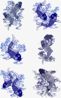 蓝色山水墨画中国风蓝色鲤鱼元素矢量图高清图片