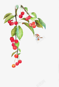 手绘水彩绘画樱桃树小女孩素材