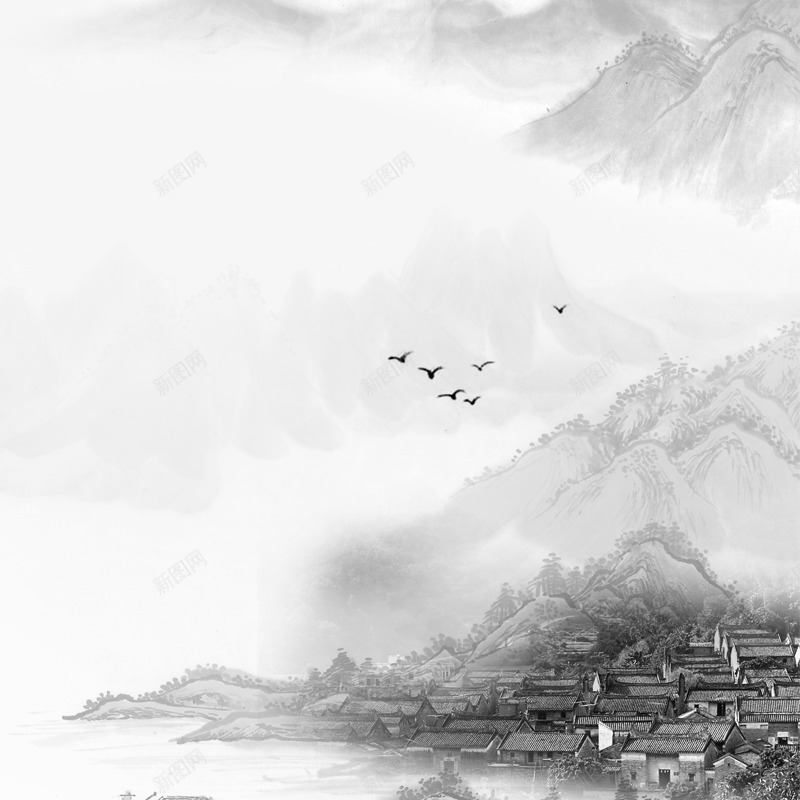写意村庄山水水墨画png免抠素材_88icon https://88icon.com 传统风景画 写意 山水画 村庄 水墨画 泼墨山水 飞鸟 黑白