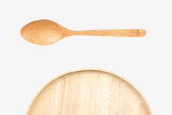 棕色木质纹理凹陷的圆木盘和勺子素材