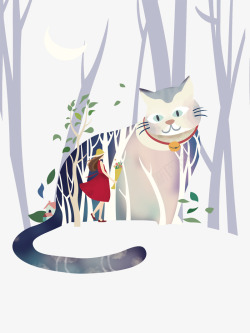 卡通手绘森林里的猫咪女孩素材