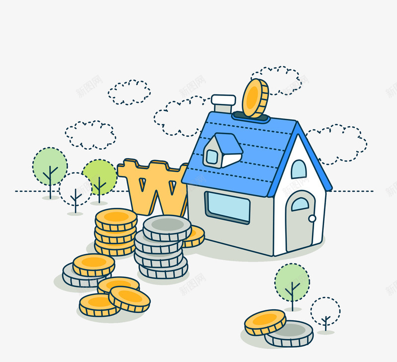 卡通创意简笔房子图png免抠素材_88icon https://88icon.com 创意的 卡通 房子 手绘 插图 理财 金币 金融