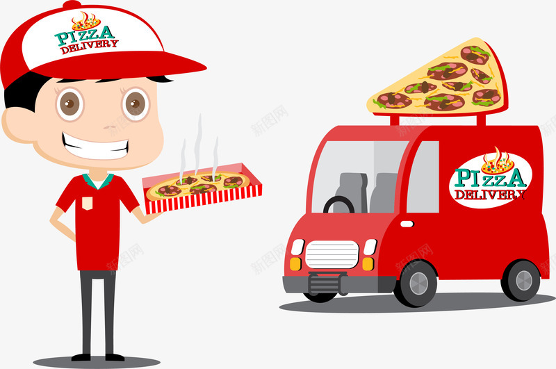 披萨外送员矢量图eps免抠素材_88icon https://88icon.com 披萨外送 矢量素材 红色餐车 送外卖 矢量图