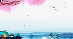 书籍版式设计中国风海报背景版式花瓣山水鸟书高清图片