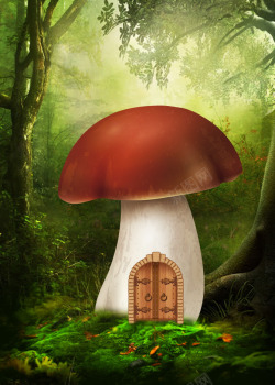 蘑菇海报梦幻森林蘑菇屋高清图片