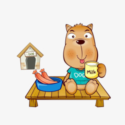质感木椅子卡通坐在木椅上喝牛奶吃香肠的小高清图片