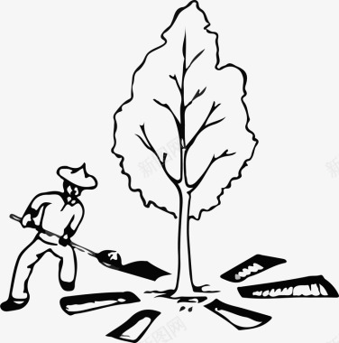 手绘农民给树木进行放射状沟法施图标图标