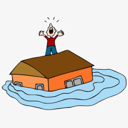卡通插图洪灾站在屋顶求救的人素材