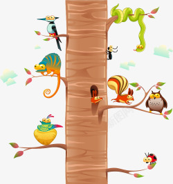 可爱的变色龙卡通树干上的小动物矢量图高清图片