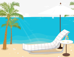 卡通手绘海边躺椅太阳伞海水椰树素材