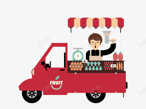 卖水果的人png免抠素材_88icon https://88icon.com 三轮车 交通工具 卡通人物 水果 水果店老板 水果摊 红色 食物