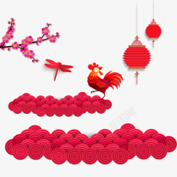 公鸡新年图片素材红色扁平化新年祥云和折叠式灯笼高清图片