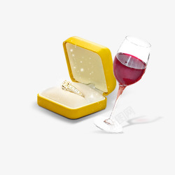 红酒杯和黄色发光戒指盒子素材