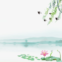春季树叶背景清新文艺荷花湖水插画高清图片