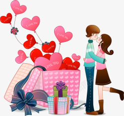 约会情侣卡通亲吻的情侣卡通礼盒海报背景七夕情人节高清图片