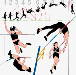 手绘彩色撑杆跳技术分解女运动员素材