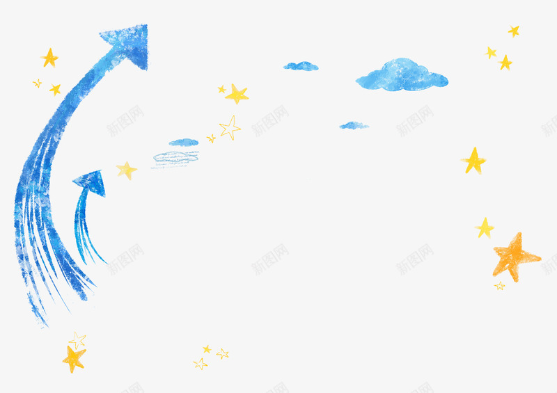卡通水彩手绘装饰png免抠素材_88icon https://88icon.com 蓝色 云彩 箭头 金黄色 五角星 星星 绘画