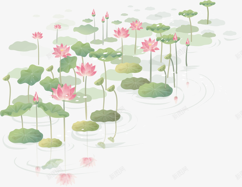 手绘荷塘png免抠素材_88icon https://88icon.com AI 卡通 手绘 绿色 荷叶 荷塘 荷花 莲花 荷花荷叶满池塘 粉色 线条 