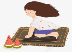 吃西瓜的小孩插画夏天吃西瓜吹风扇的女孩夏天插画高清图片