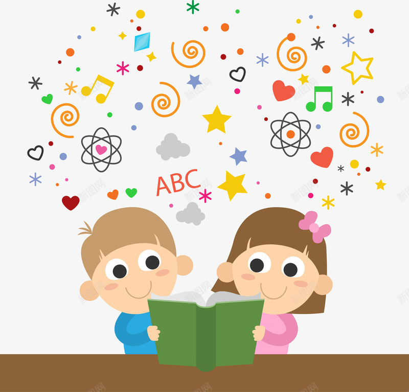 读书的小朋友矢量图ai免抠素材_88icon https://88icon.com 书本 小女孩 小男孩 星星 矢量图