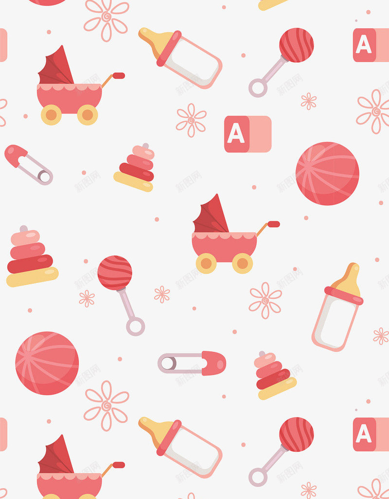 红色母婴元素背景png免抠素材_88icon https://88icon.com 卡通玩具 奶瓶 婴儿车 母婴元素 红色 背景装饰