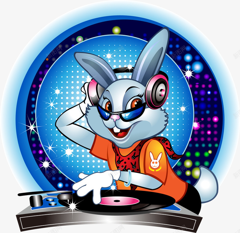 时尚卡通DJ兔png免抠素材_88icon https://88icon.com AI矢量图格式 DJ 动物 卡通兔子 打碟 星光 耳机 酷兔