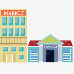 交易市场和药品商店建筑矢量图素材