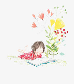 水墨画植物看书的小孩高清图片