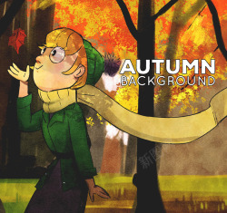 彩绘秋季树林散步的女子素材